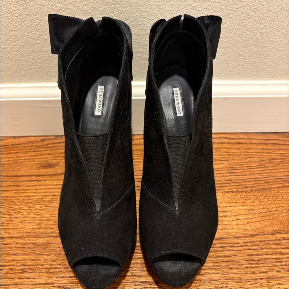 Vera Wang Black Suede Peep-Toe Ankle Booties